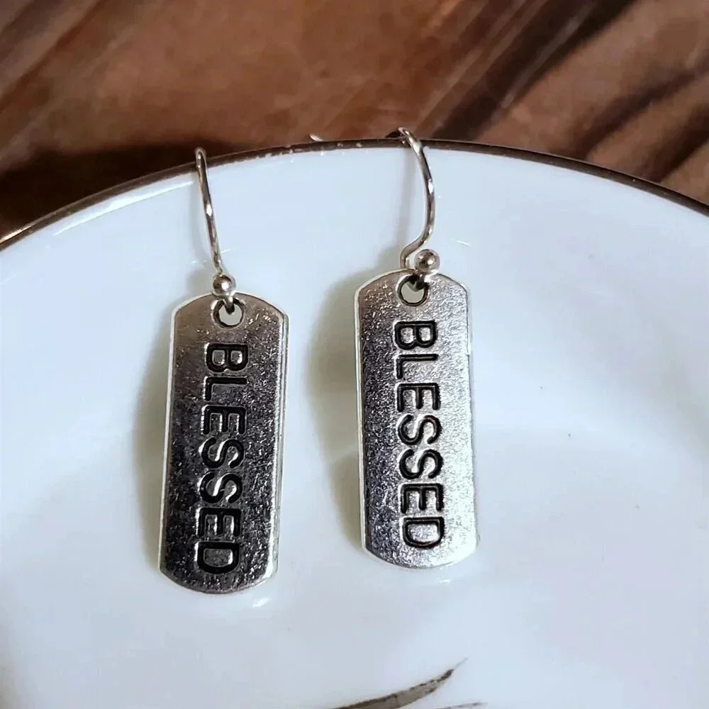 Handcrafted Blessed Inspirational Word Message Carved Silver Black Earrings